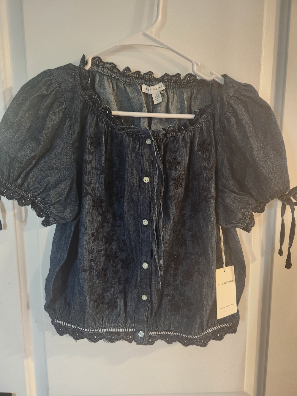 Free Assembly Navy Embroidered Denim Peasant Top